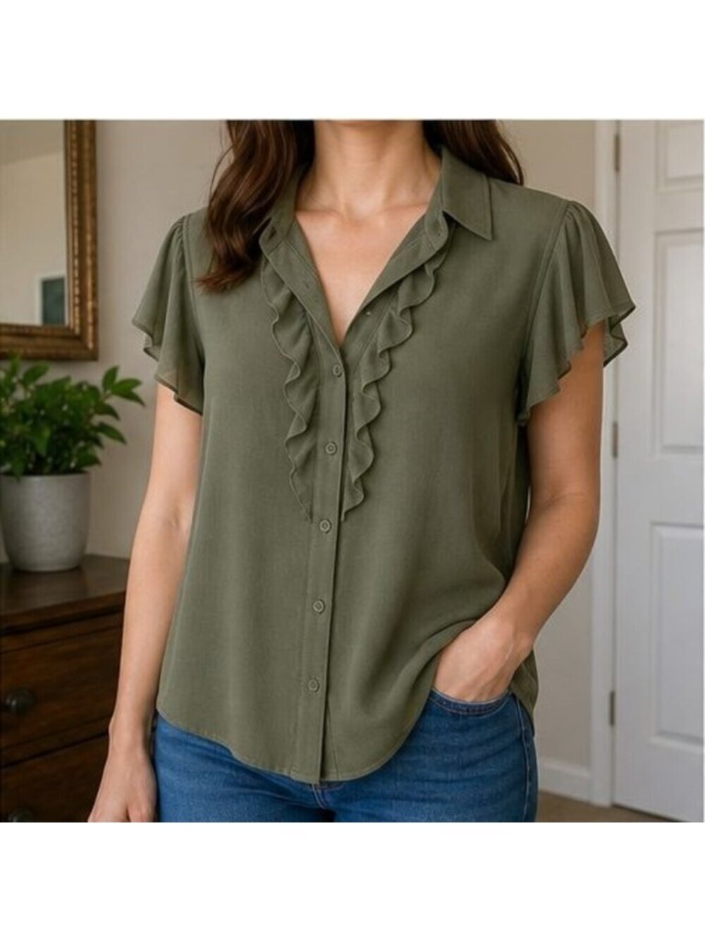Olive Ruffle Blouse - Picture 2 of 6